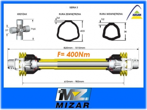 Wał przegubowo-teleskopowy 610-900mm 400Nm AKSAN SERIA 3 50230 CE-10230