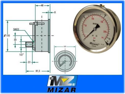 MANOMETR FI 100 BSP 1/2" TYŁ 0-16 BAR Z GLICERYNĄ-13468