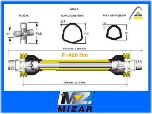 Wałek przegubowy teleskopowy 710-1070mm 460Nm AKSAN SERIA 4 CE 50240-14097