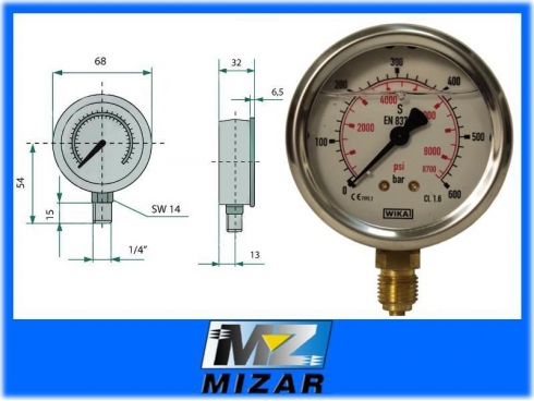 Manometr fi 63 BSP 1/4" DÓŁ ZAKRES 0-600 BAR WIKA-15042