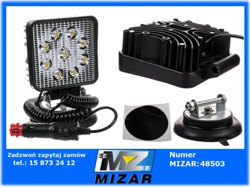 Lampa robocza 9 Led 27W 12V 24V przenośna mocowana na magnes, przewód spiralny, wtyczka z włącznikiem-37941