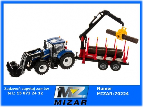 Ciągnik Bruder New Holland T7.315 1:16 z ładowaczem + Przyczepa leśna z dźwigiem 4 pniami drzewa i chwytakiem Bruder