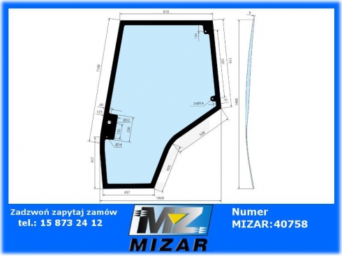 Szyba drzwi prawa z prostą podstawą rozstaw otworów 600mm MF 5410 5420 5425 5430 5435 5440 5445 4272775M1-62822